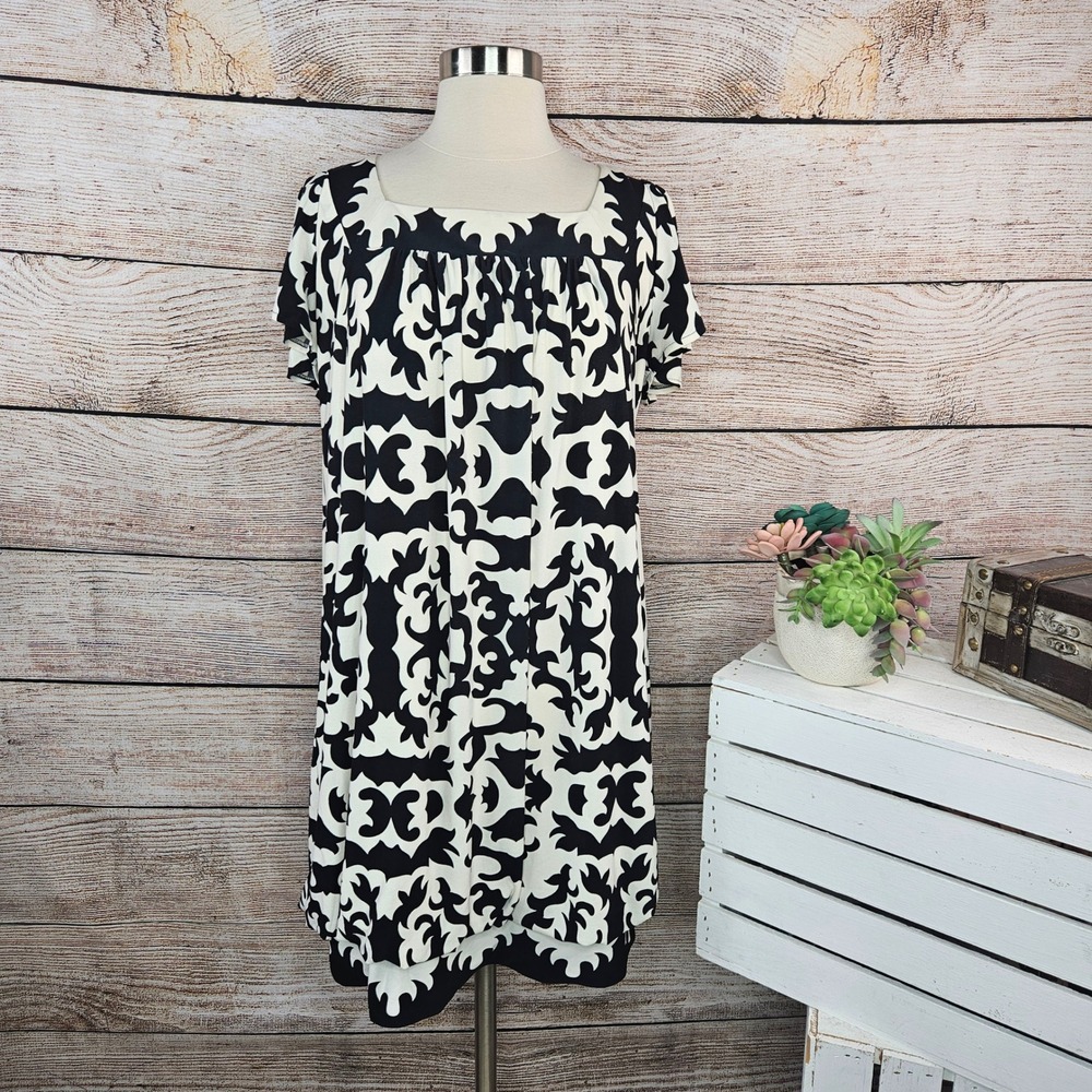 Donna Morgan Dress Size 14 Black White Short Sleeve Square Neck Pattern
